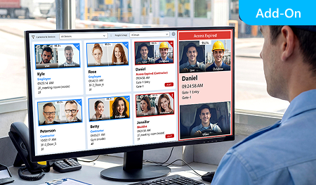 Watch up to 9 cameras live with a real-time face-event panel. Add-On